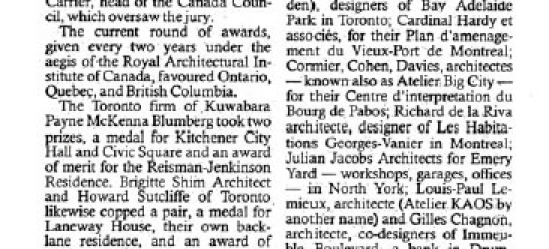 Awards Honour Canadian Architect – Globe and Mail